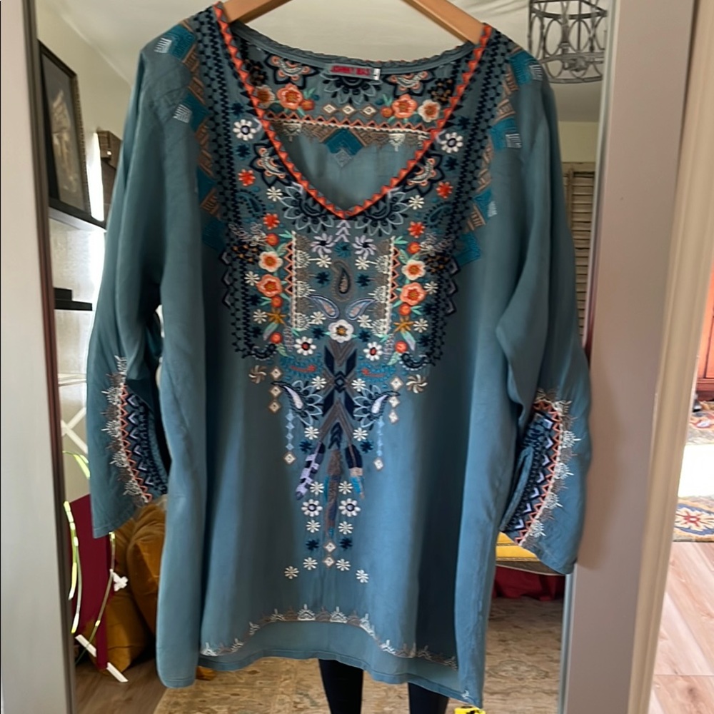 Johnny Was Green and Blue Embellished 3/4 Sleeve Tunic